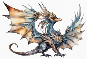 a watercolor of a bird-wyvern hybrid wearing an iron crown, flying tattoo idea