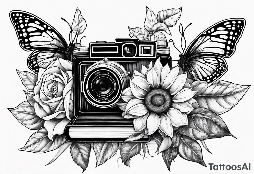 sunflower, camera, flower rose , book, butterfly tattoo idea sunflower, camera, flower rose , book, butterfly tattoo idea