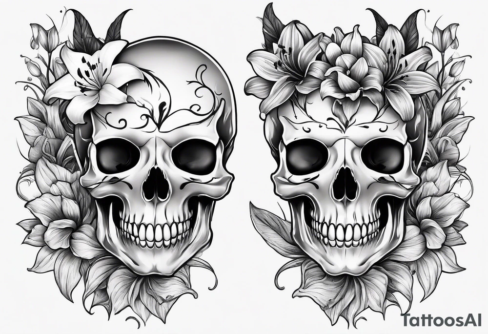 A Bulls skeleton head with lily if the valley flowers growing out of eyes tattoo idea