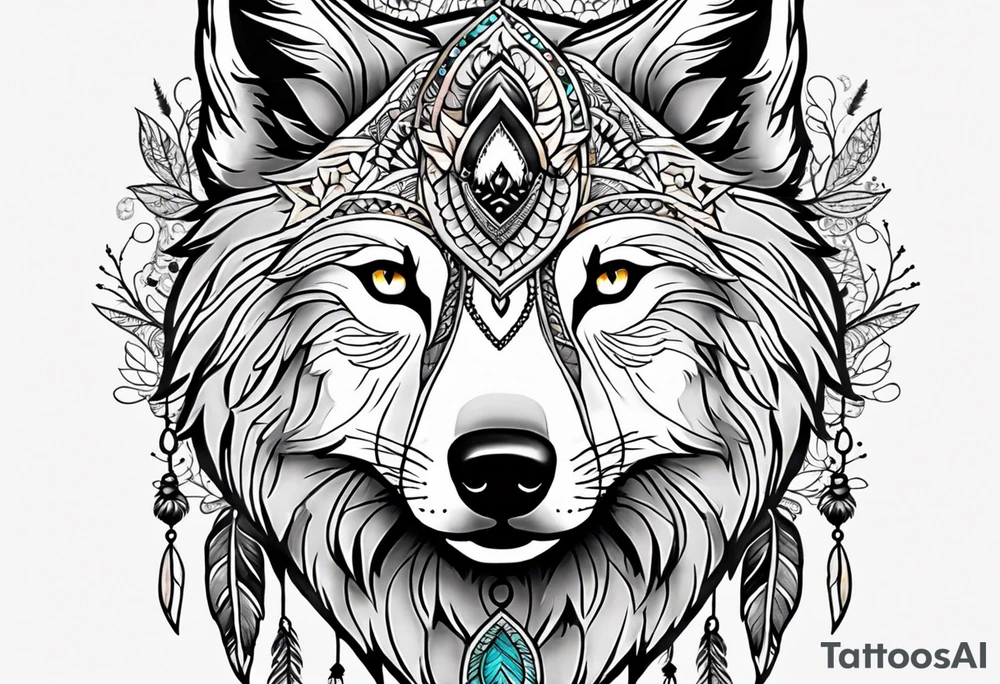 A whimsical wolf tattoo featuring mandala or dream catcher elements, with the wolf as the central focus. Show the wolves whole body standing surrounded by mountains in the background. Include flowers and nature elements to fill the space around the wolf. Some color but not completely solid bold color tattoo idea