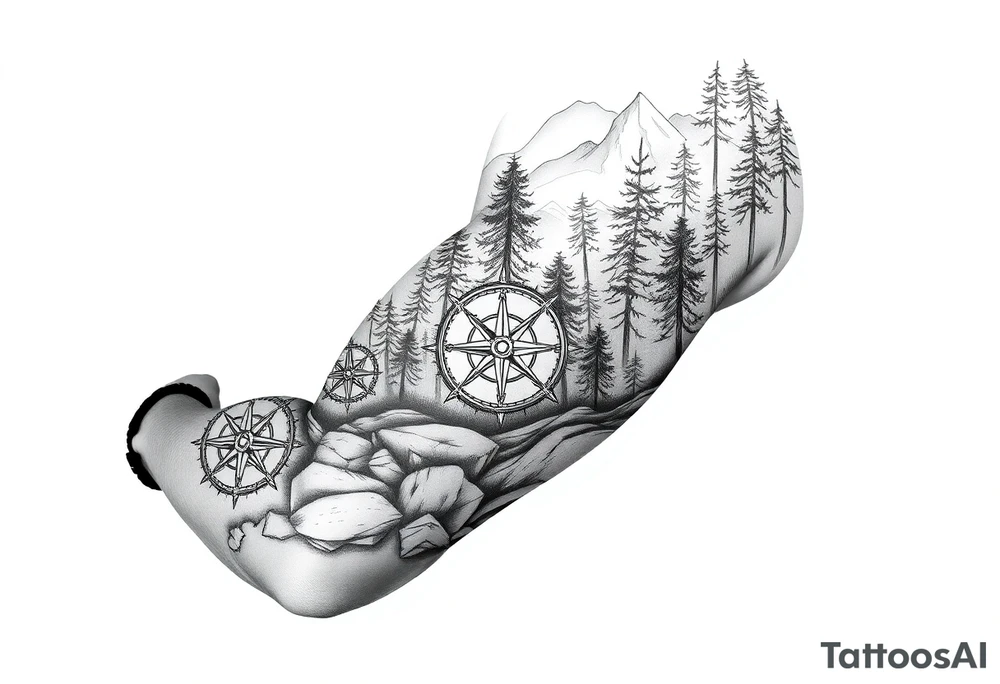 Forest landscape with three compasses tattoo idea
