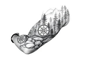Forest landscape with three compasses tattoo idea