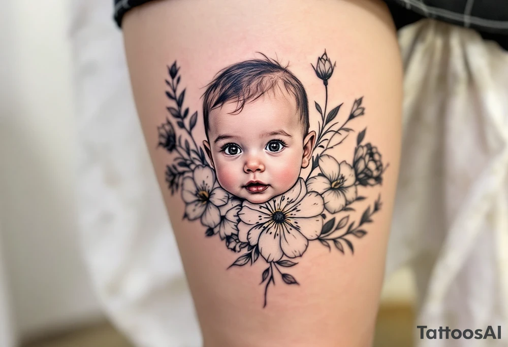 A row of birth flowers with the son’s toddler face in the center, highlighted in full color, while others are shaded in black. tattoo idea