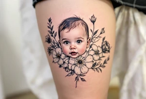A row of birth flowers with the son’s toddler face in the center, highlighted in full color, while others are shaded in black. tattoo idea