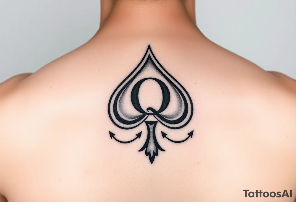A spade womb tattoo with a Q in the center, with three points around the outside. The first reading, "BLACK". The second reading, "SEED". The third reading, "ONLY". tattoo idea