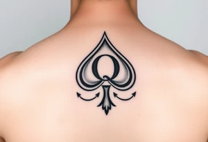 A spade womb tattoo with a Q in the center, with three points around the outside. The first reading, "BLACK". The second reading, "SEED". The third reading, "ONLY". tattoo idea
