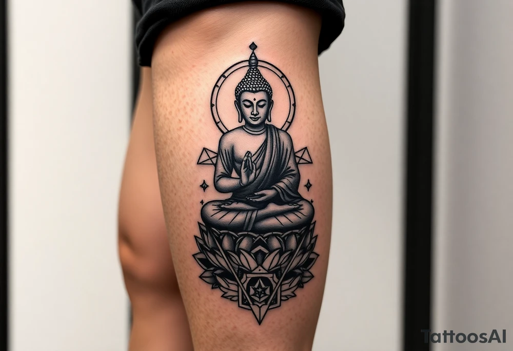 full leg tattoo with buddha above knee, using sacred geometry and space themes tattoo idea