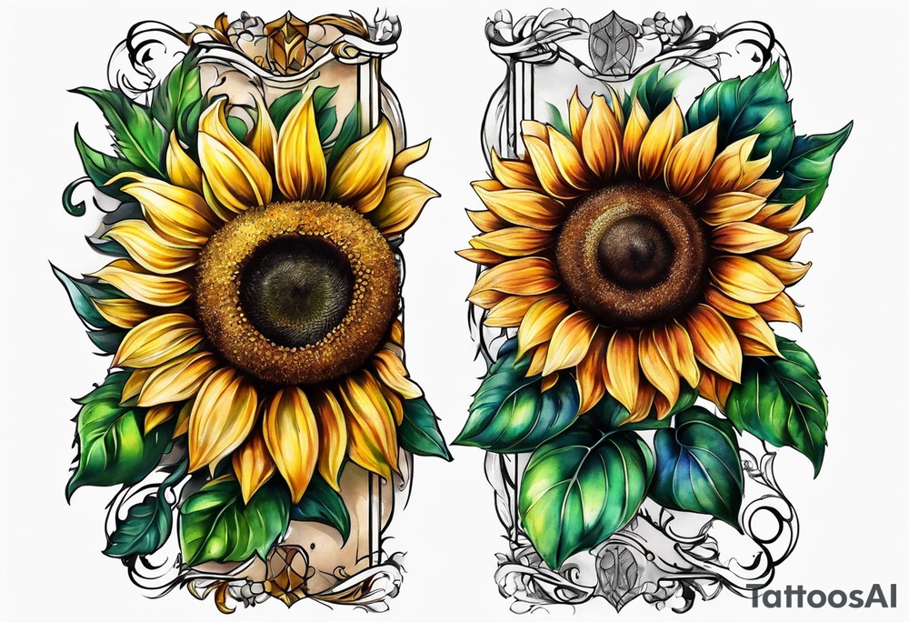 Arm sleeve Foral sunflower and roman numeral tattoo idea