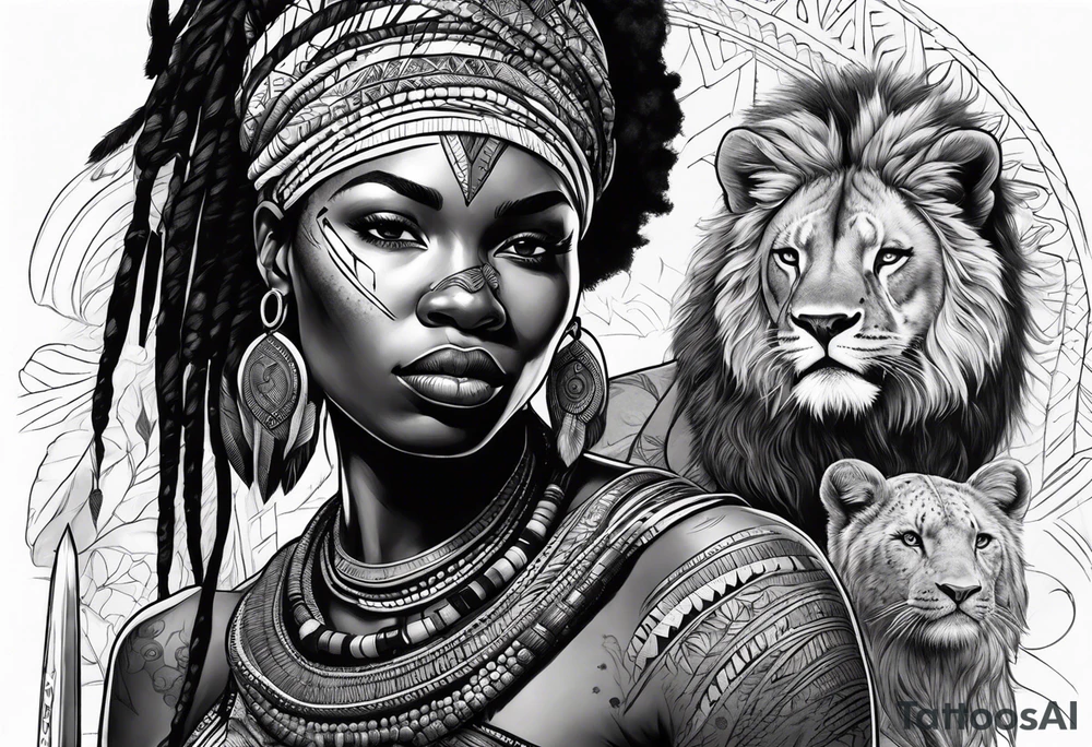 African woman warrior with tribe scars and spear in hand with animals in background tattoo idea