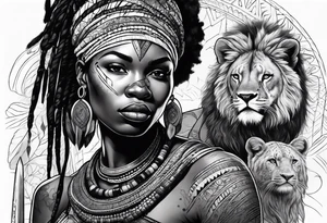 African woman warrior with tribe scars and spear in hand with animals in background tattoo idea