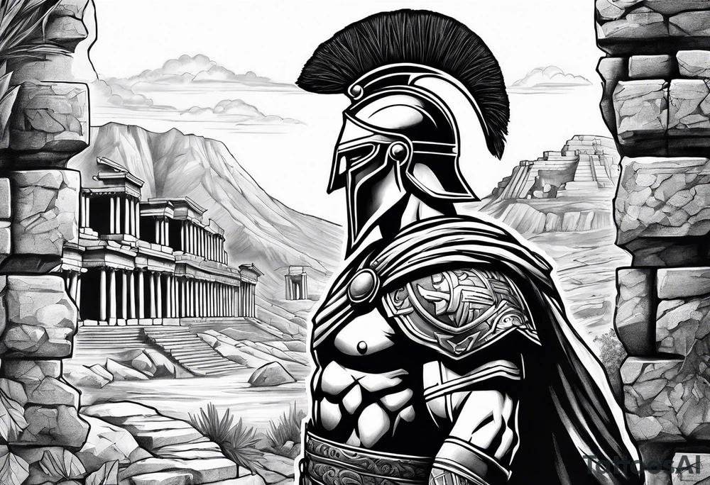 left Side profile of spartan soilder with ancient ruins in background tattoo idea