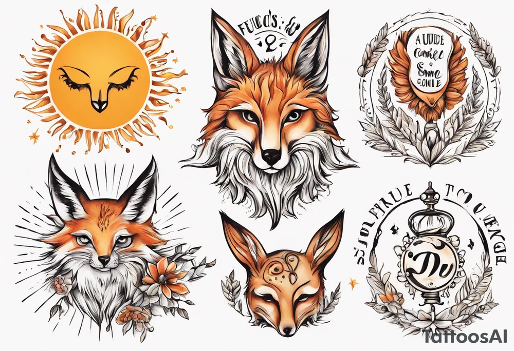 Fuchs und Eule unter der Sonne mit dem Schriftzug Sapere Aude tattoo idea