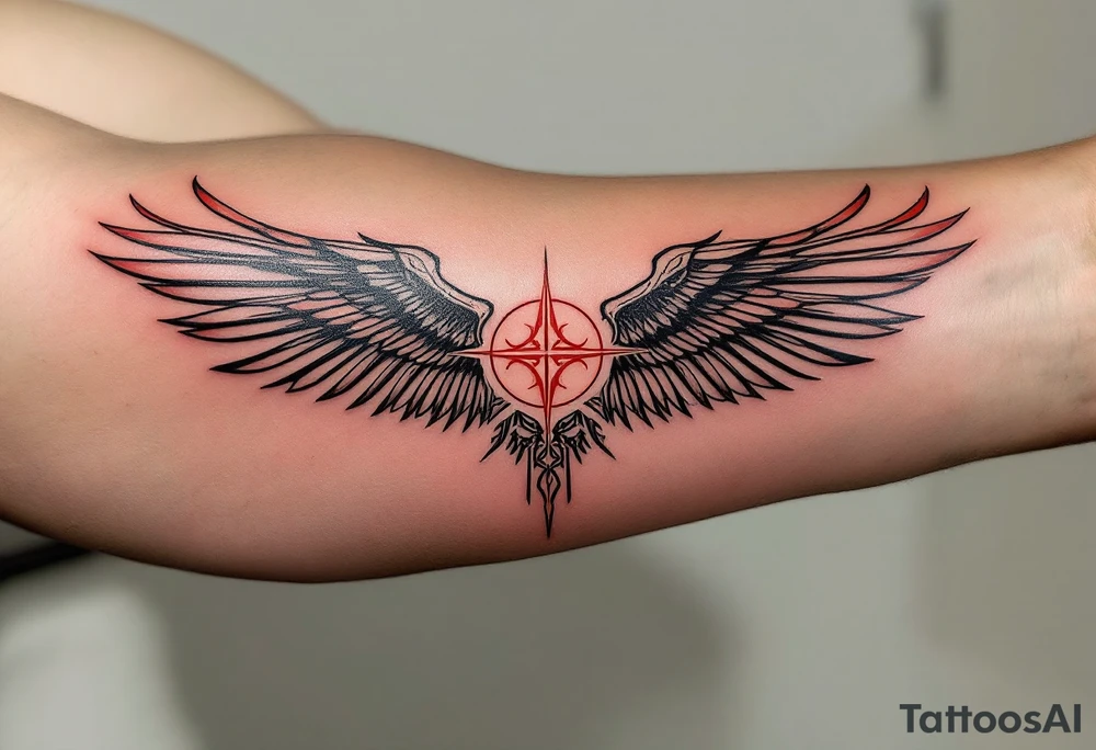 Isis Spreading Her Wings Over a Name or Symbol (red and black) tattoo idea