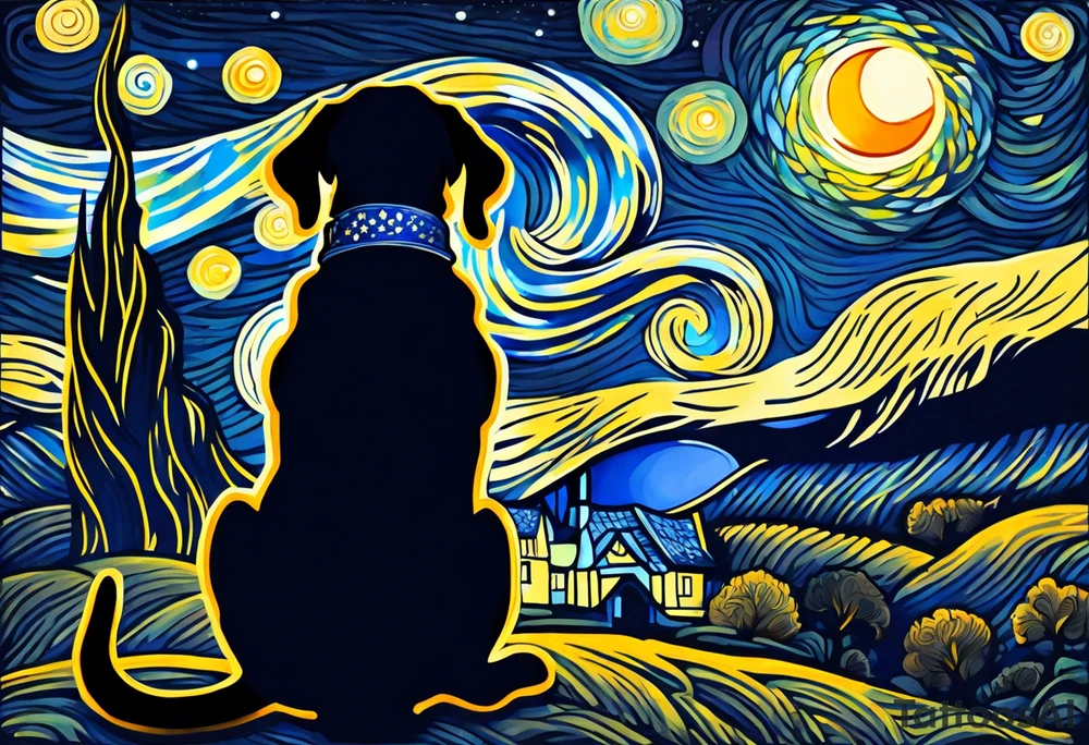 A silhouette of a beagle,and a human male looking up at Van Gogh's Starry Night. The tattoo must be twice as tall as it's width. tattoo idea