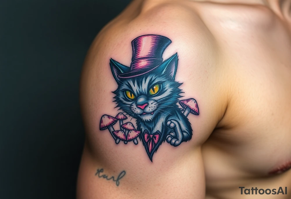 coloured cheshire cat, with top hat and mushrooms tattoo idea