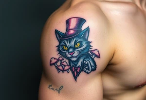 coloured cheshire cat, with top hat and mushrooms tattoo idea