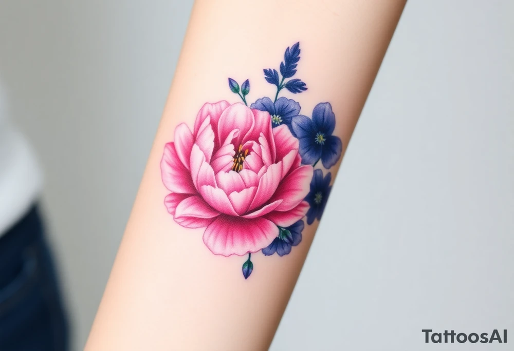 Purple Chrysanthemum, pink Peony, and dark blue Larkspur bouquet  with blood tattoo idea