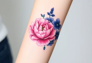 Purple Chrysanthemum, pink Peony, and dark blue Larkspur bouquet  with blood tattoo idea