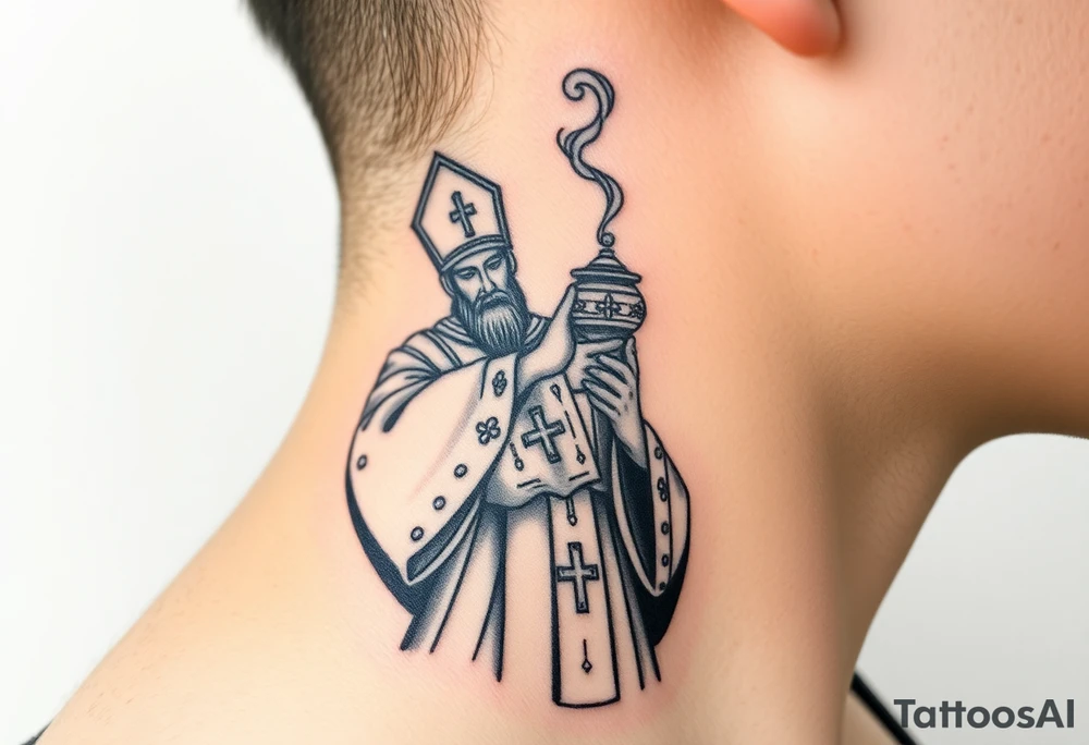 Russian Orthodox Priest in fully detailed vestment swinging a censer with smoke curling upward tattoo idea