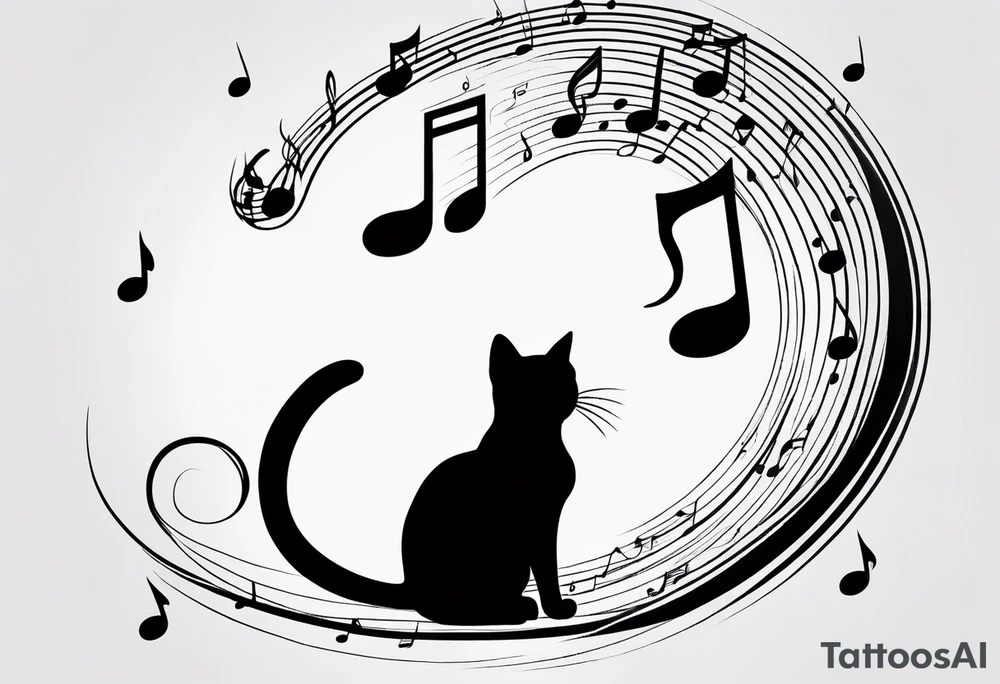 Small Outline of cat reaching to a music note tattoo idea