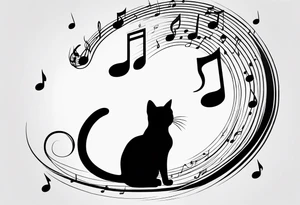 Small Outline of cat reaching to a music note tattoo idea