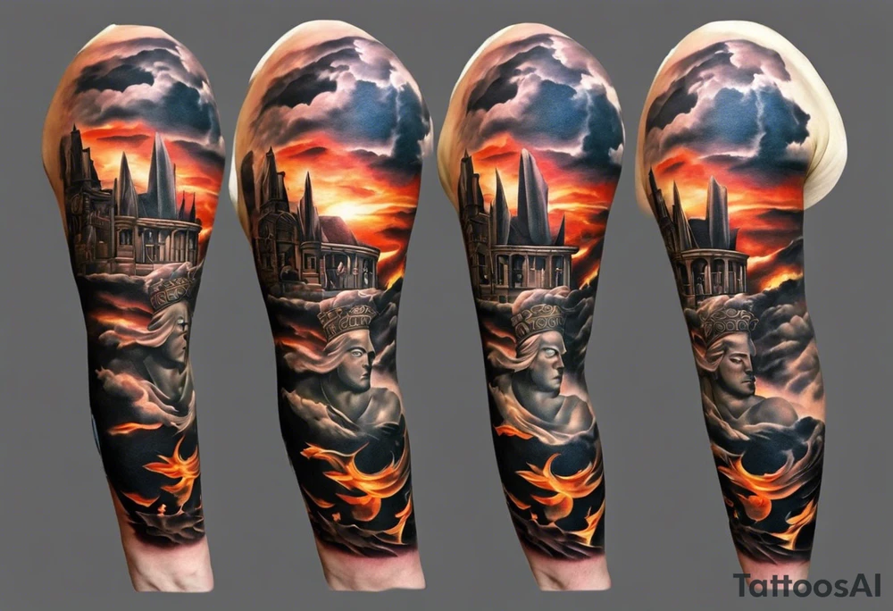 Im a businessman and I had a very long and hard time, chasing my dreams, not giving up, hard work, dedication, focus, heart broken, recovered, pushing hard, got broke and gained again. I like greek gods and I want a full sleeve tattoo exactly telling me the story of my life tattoo idea