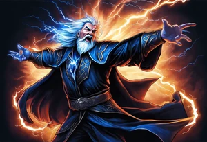 Yelling wizard directing a lightning strike with blue lightning and a black cloak tattoo idea