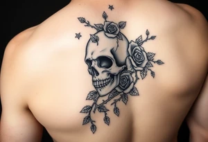 gothic skull intertwined with climbing roses and thorny vines tattoo idea