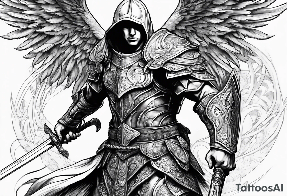 Arch angel hood fighting sword male full body heavenly armor tattoo idea