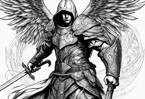 Arch angel hood fighting sword male full body heavenly armor tattoo idea