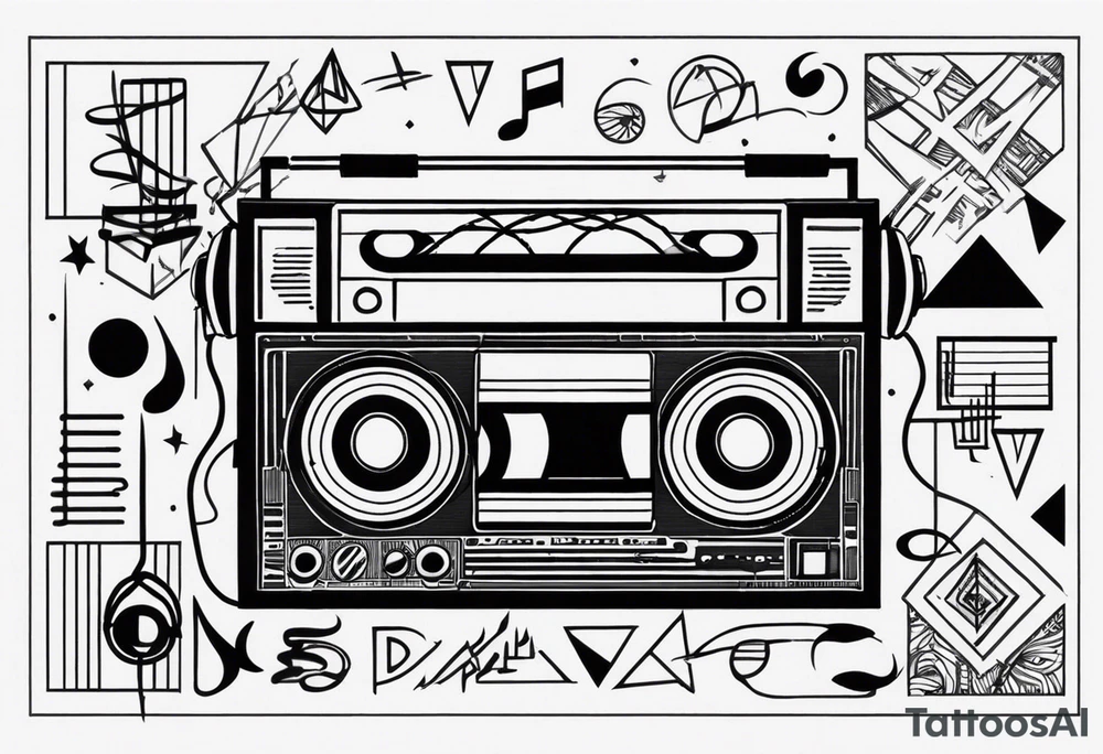 geometric tattoo with music notes, a cassette tape, and
instruments tattoo idea