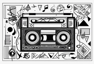 geometric tattoo with music notes, a cassette tape, and
instruments tattoo idea