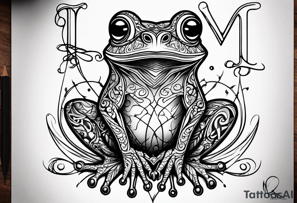 Hour glass letters m d y Barb wire tribal frog tattoo idea