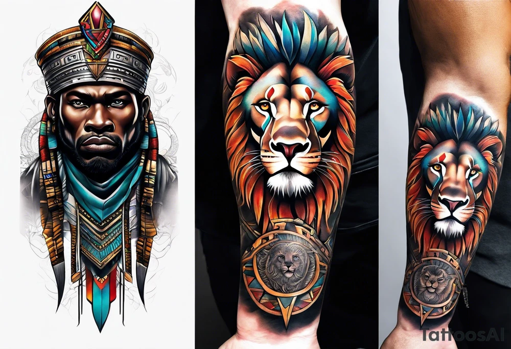 Forearm tattoo of a African warrior with a lion tattoo idea