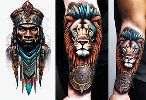 Forearm tattoo of a African warrior with a lion tattoo idea