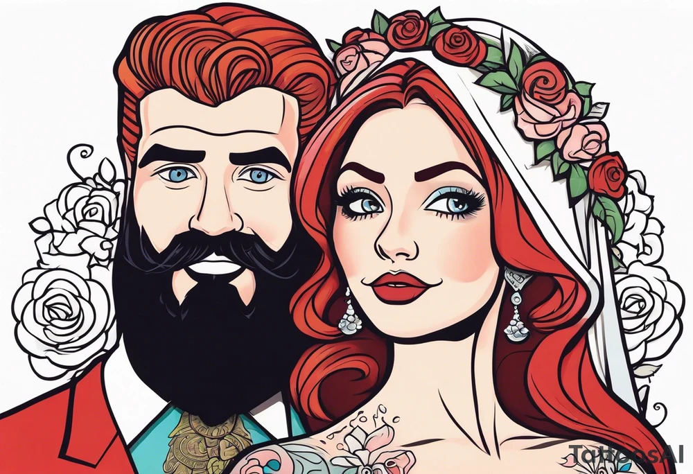 Busty red haired woman with a bearded man who has black hair getting married tattoo idea