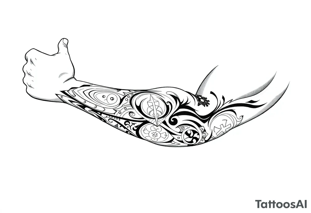 Sicilian Forearm tribal sleeve with patterns and symbols tattoo idea