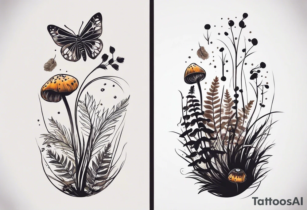 forest floor inspired minimalist tattoo, which includes grass, curly ferns, moss and dead leaves as the bulk of the tattoo. details to include: forest berries, a tiny bumblebee flying nearby, three small brown mushrooms
Generate a vertically long one tattoo idea