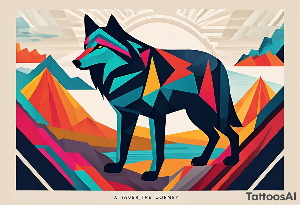 lone wolf traversing a geometric landscape, with sharp lines and vibrant colors symbolizing life's challenges. The wolf's determined gaze reflects resilience and strength, while abstract elements around it represent obstacles overcome. The phrase "Conquer the Journey" in bold, contemporary lettering completes the design, capturing the essence of overcoming life's battles with modern flair. tattoo idea
