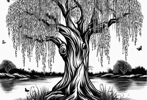 Weeping willow tree with butterflies tattoo idea