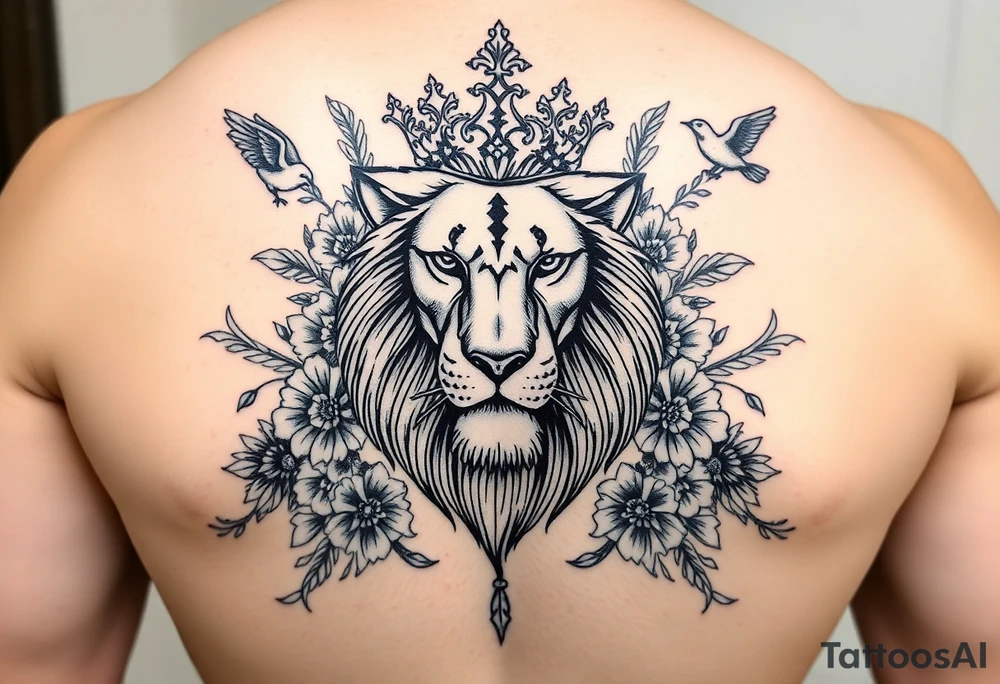 powerful majestic lion with a crown, surrounded by floral ornaments and birds tattoo idea