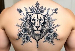 powerful majestic lion with a crown, surrounded by floral ornaments and birds tattoo idea