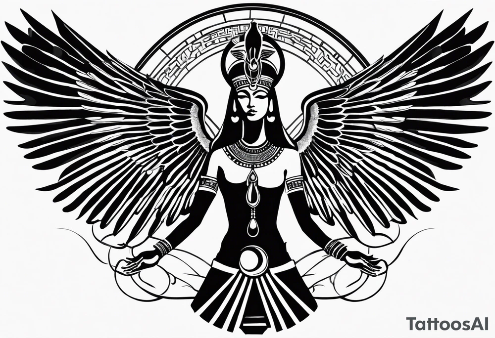 black and white Egyptian goddess Isis, who is often depicted as a woman with outstretched wings, holding an ankh (a symbol of life) in one hand and a lotus flower in the other. Her headdress often includes a throne or a solar disk. The tattoo design can vary in style and size, but it typically aims to capture the essence of this revered Egyptian deity, emphasizing her beauty, power, and maternal qualities. The choice of colors and additional elements can also be customized to create a unique and visually striking representation of the goddess Isis tattoo idea