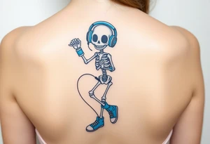 Cute smiling skeleton jumping on a jump rope with blue headphone and blue tennis shoes and blue armbands with music notes tattoo idea