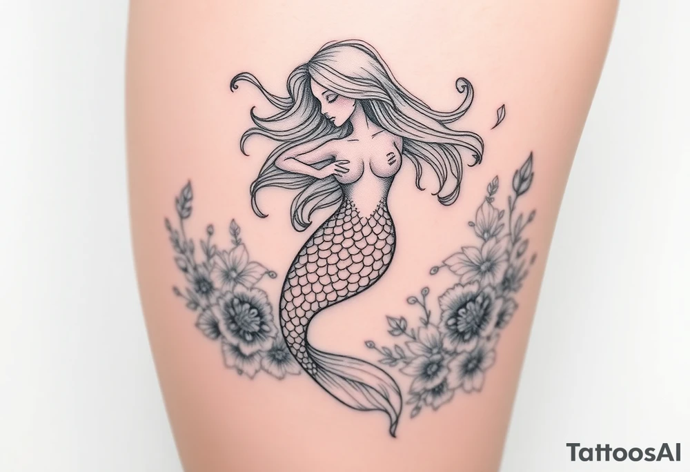 ethereal mermaid with flowing hair among coral and sea flowers tattoo idea