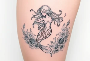 ethereal mermaid with flowing hair among coral and sea flowers tattoo idea