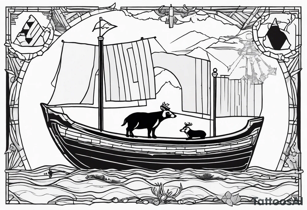 A badger and reindeer on an ark outlined by the map of Mallorca tattoo idea