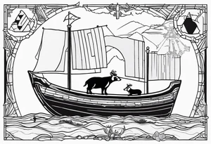 A badger and reindeer on an ark outlined by the map of Mallorca tattoo idea