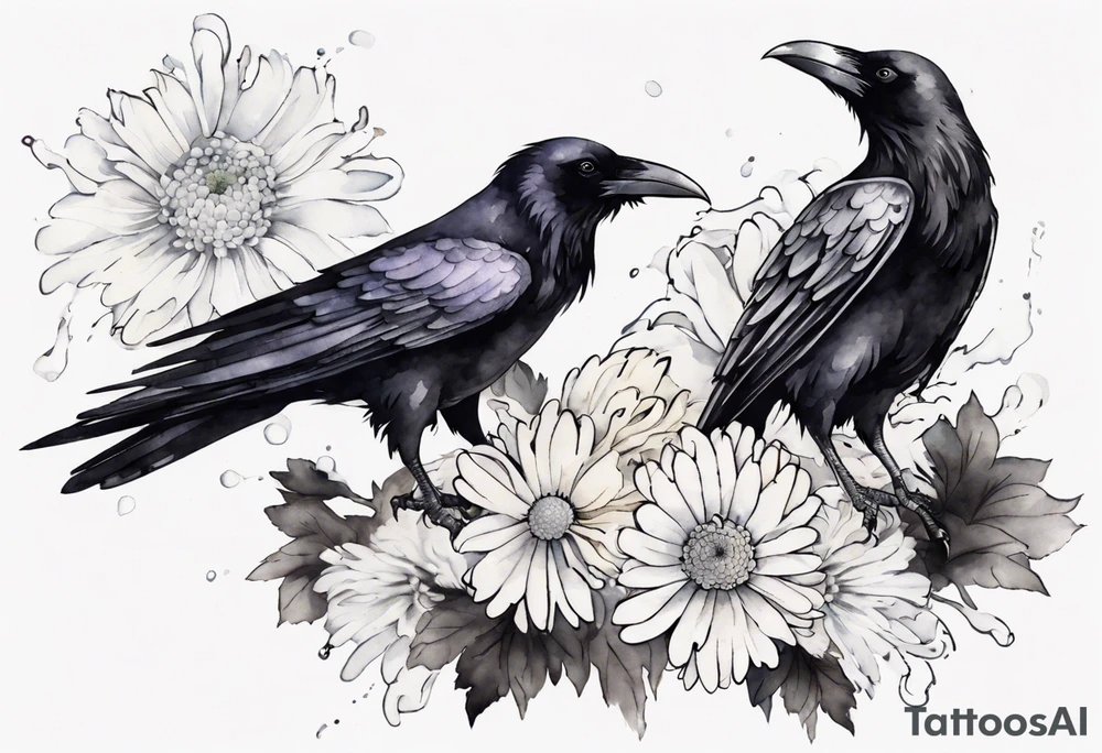 raven with a white chrysanthemum corsage tattoo idea