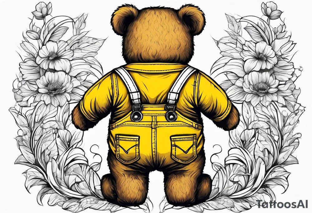 the back of a standing teddy bear in yellow overalls tattoo idea